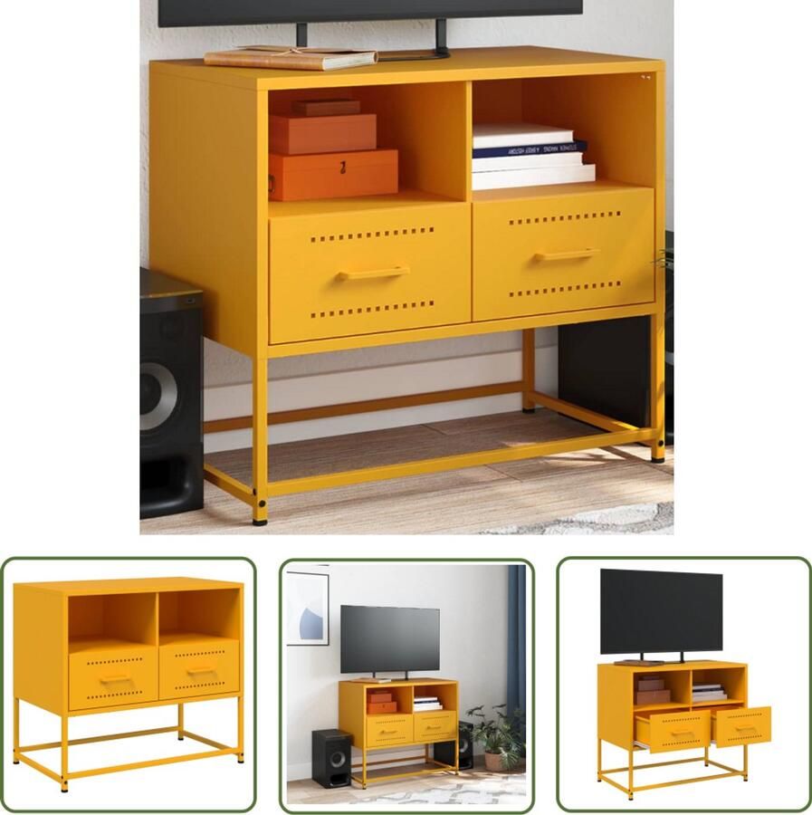 The Living Store Tv-meubel 68x39x60 5 cm staal mosterdgeel Tv-meubel Industriele Design Robuust Staal Mosterdgeel