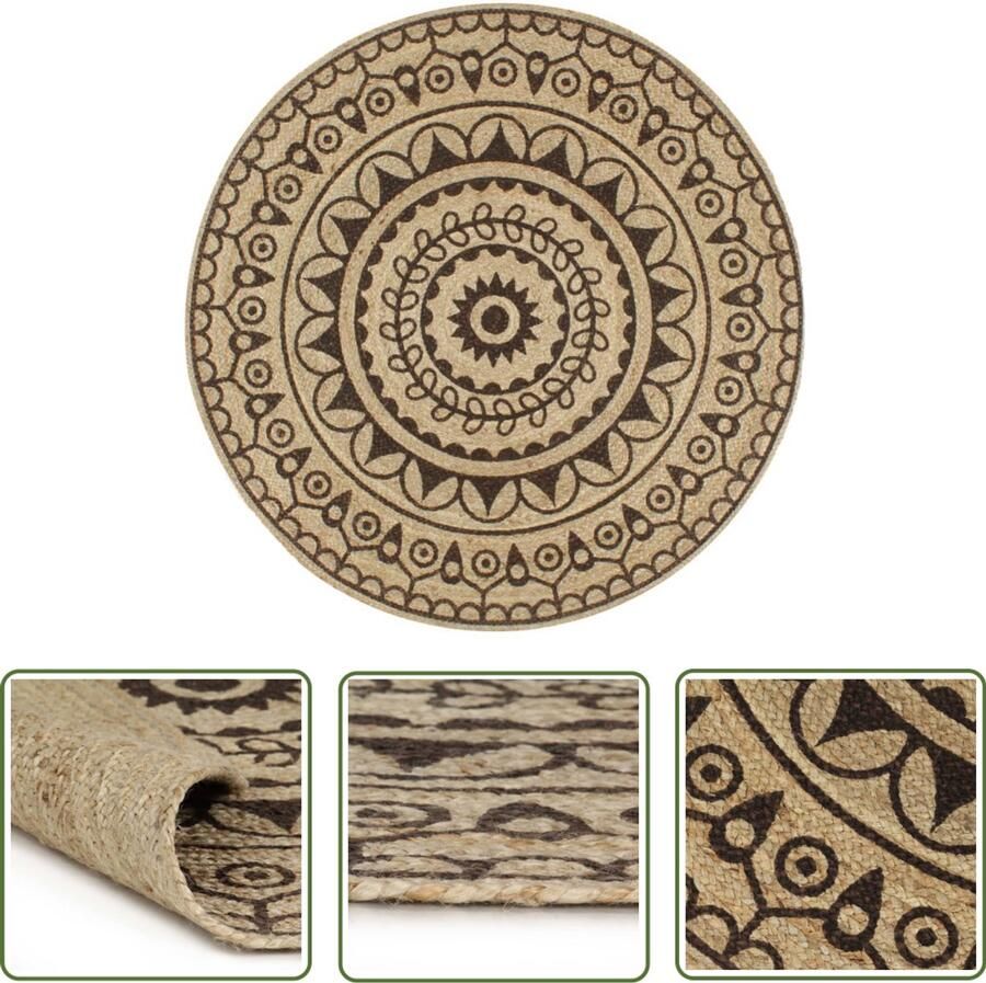 VidaXL Jute Vloerkleed Vloerkleden Vloerkleed handgemaakt met donkerbruine print 90 cm jute Rond Vloerkleed Handgemaakt Vloerkleed Vintage Vloerkleed