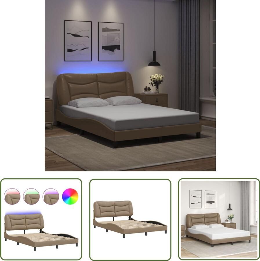 VidaXL Kapstok Bed Frame Bedframe met LED zonder matras Hvar kunstleer cappuccino 140x200 cm Bruine Bank Lederlook Led Lamp
