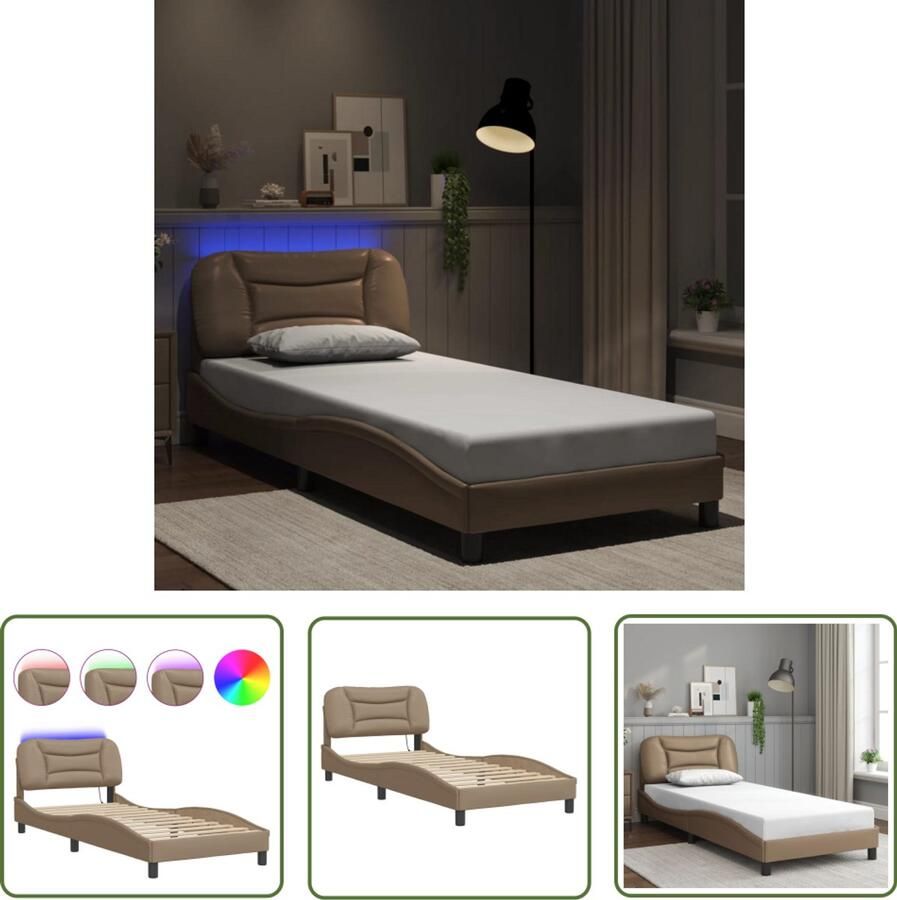 VidaXL Kapstok Bed Frame Bedframe met LED zonder matras Hvar kunstleer cappuccino 90x200 cm Slaapkamersdecoratie Bruine Bank Lederlook