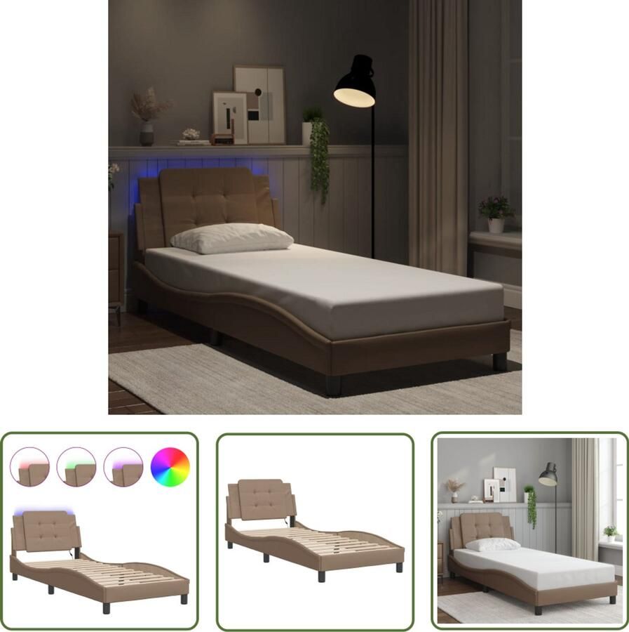 VidaXL Bedframe met LED zonder matras Zadar kunstleer cappuccino 90x200 cm Bed Frame Kapstok Slaapkamers Bruine Bank Lederlook
