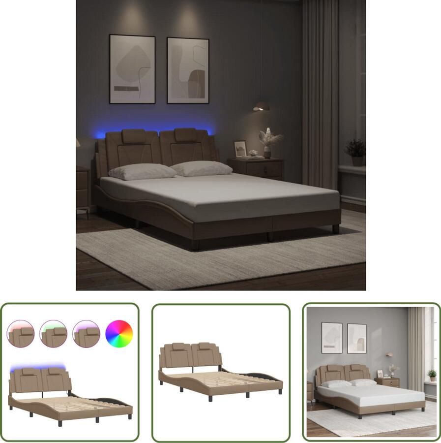 VidaXL Kapstok Bed Frame Bedframe Viana met LED zonder matras kunstleer cappuccino 120x200 cm Slaapkamers Bruine Bedden Led Lampen