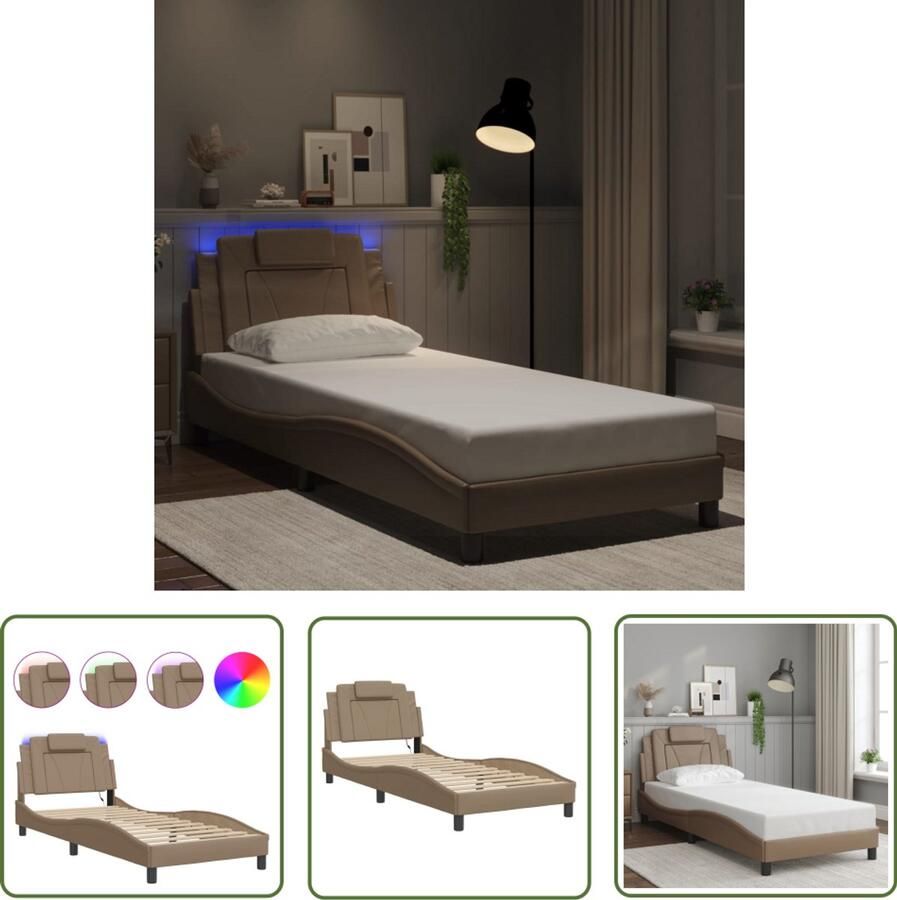 VidaXL Kapstok Bed Frame Bedframe Viana met LED zonder matras kunstleer cappuccino 90x200 cm Lederlook Bruine Bank Led Lamp