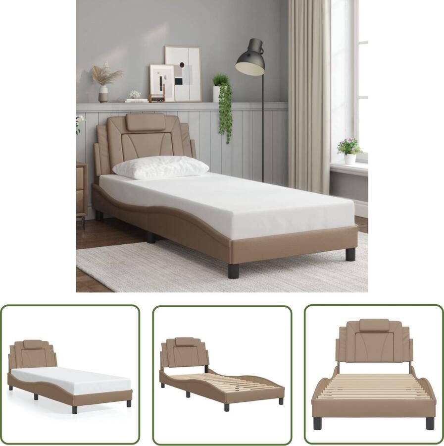 The Living Store Bedframe met hoofdbord kunstleer cappuccinokleurig 90x200 cm Bed Frame Kapstok Houten Bed Bruine Bed Tweepersoons Bed