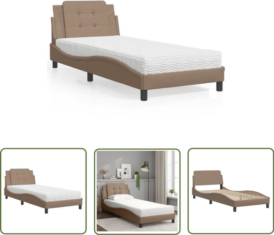 VidaXL Kapstok Bed Frame Bedframe zonder matras Zadar kunstleer cappuccinokleurig 100x200 cm Bruine Bank Lederlook Tweepersoonsbed