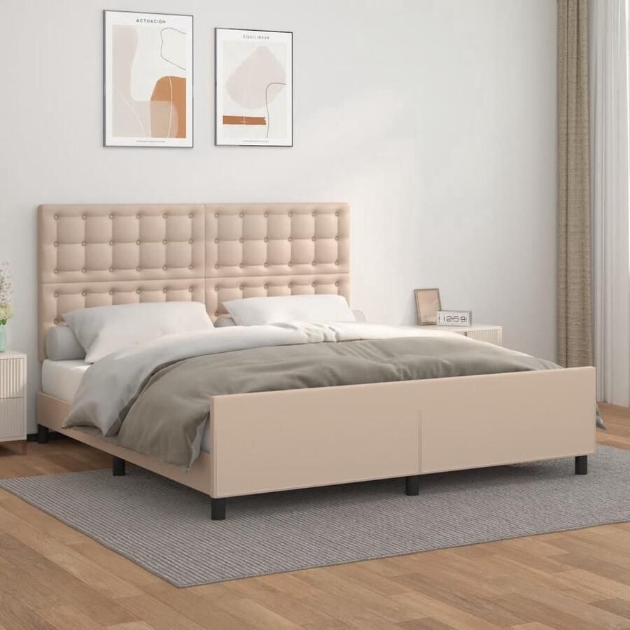 The Living Store Bedframe met hoofdbord kunstleer cappuccinokleurig 180x200 cm Bedframe Kapstok Kunstleder Bed Bruine Bed Tweepersoons Bed
