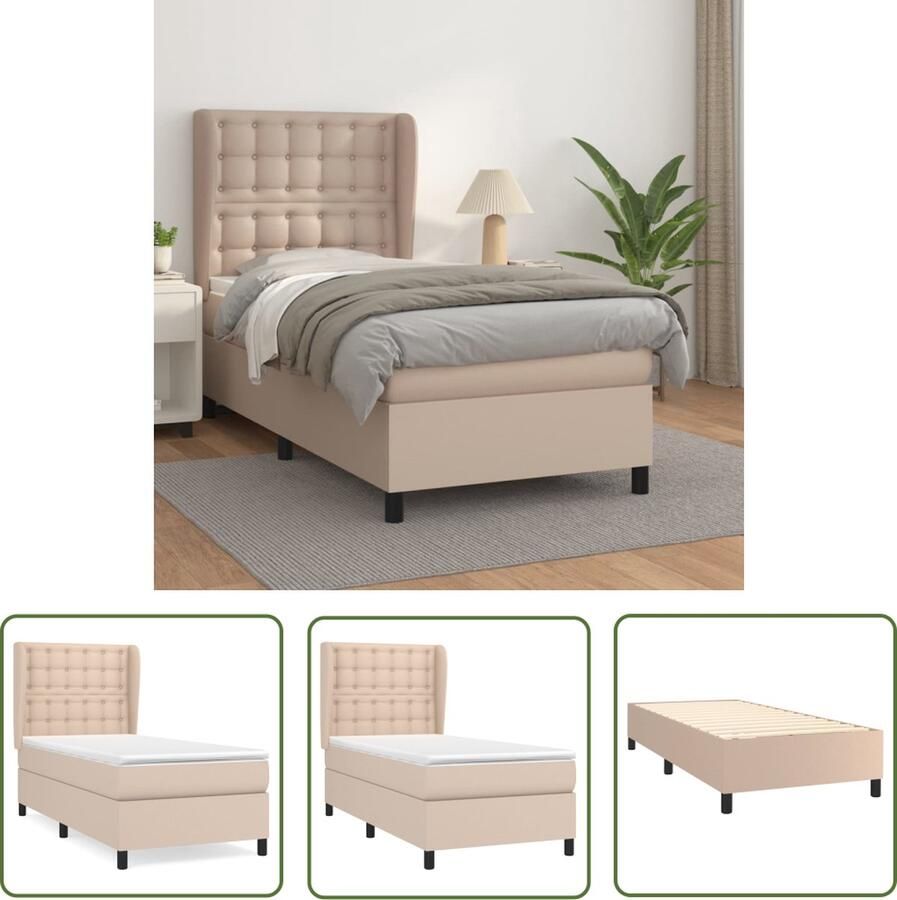 The Living Store Boxspringbed Cappuccino Kunstleer 203x103x118 128 cm Massief larikshout Pocketvering matras Topmatras Huidvriendelijk Boxspringbed Kapstok Bed Frame Bruine Bed Lederlook Bed
