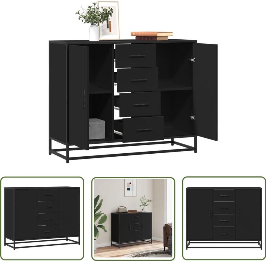 The Living Store Dressoir 92x35x76 cm bewerkt hout zwart Dressoir Kast Opslagoplossing Industrieel Design Houten Dressoir