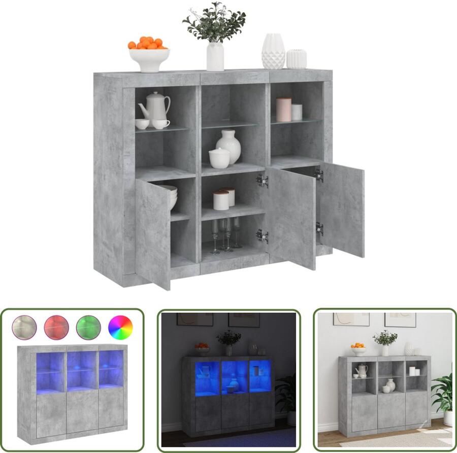 The Living Store Dressoirs met LED-verlichting 3 st bewerkt hout betongrijs Dressoir Modern Meubel Led Verlichting Opberg Kast Tv Stand