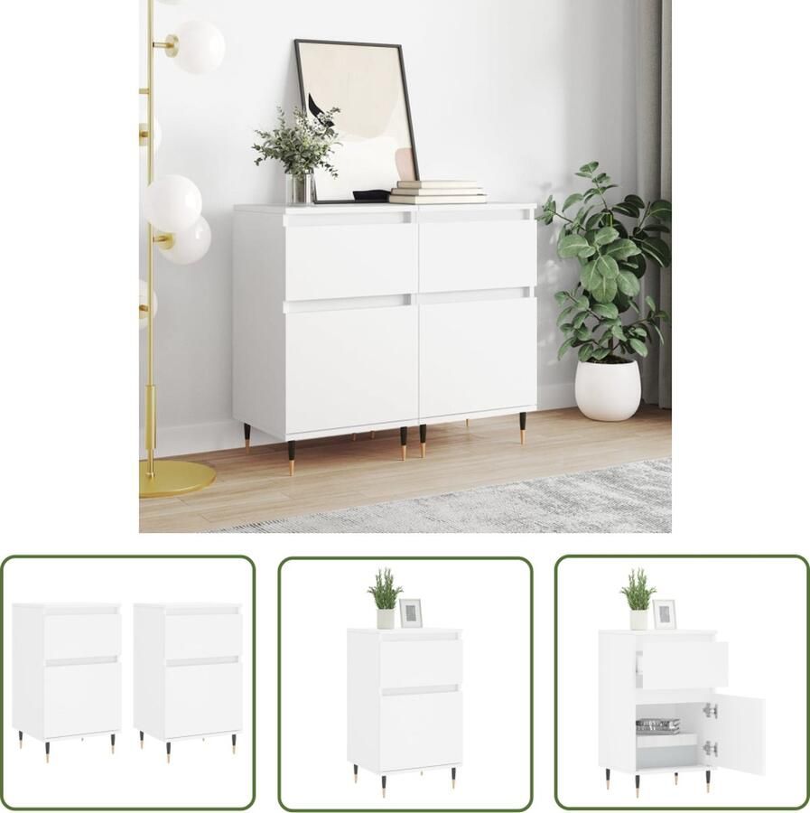 The Living Store Dressoirs 2 st 40x35x70 cm bewerkt hout wit Dressoir Kast Opbergkast Woonkamerinrichting Houten Dressoir