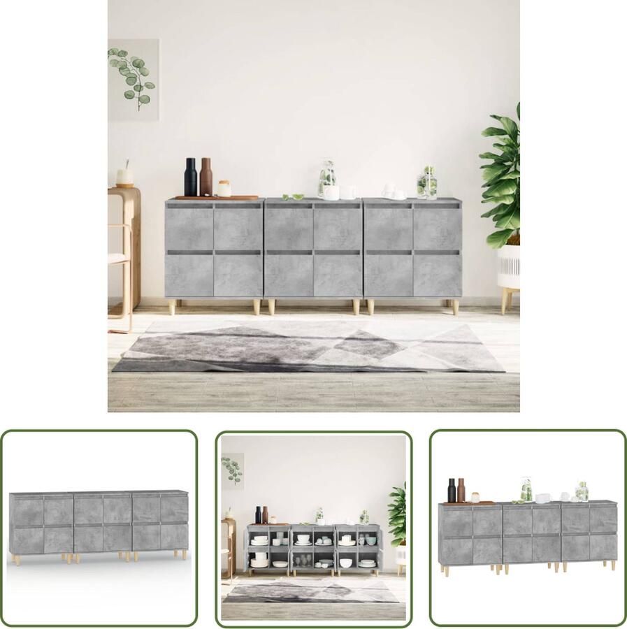 The Living Store Dressoirs 3 st 60x35x70 cm bewerkt hout betongrijs Dressoir Betongrijs Houten Dressoir Vintage Dressoir Opberg Dresser