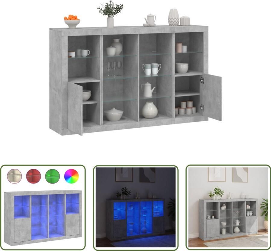 The Living Store Dressoirs met LED-verlichting 3 st bewerkt hout betongrijs Dressoir LED-verlichting Houten Kast Betongrijs Opbergruimte