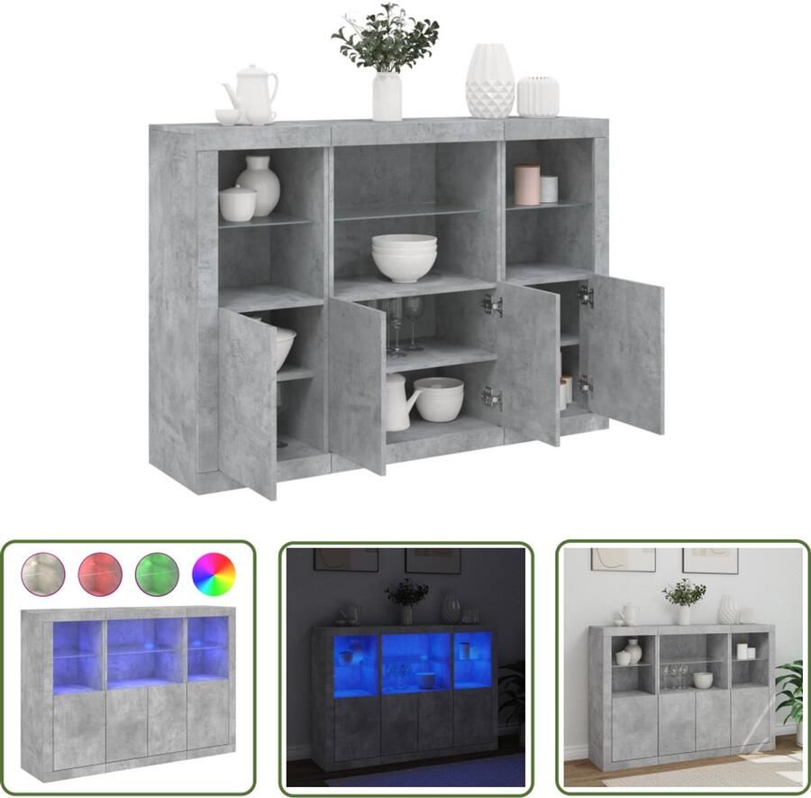 The Living Store Dressoirs met LED-verlichting 3 st bewerkt hout betongrijs Dressoir Moderne Kast Led Verlichting Opbergkast Tv Stand