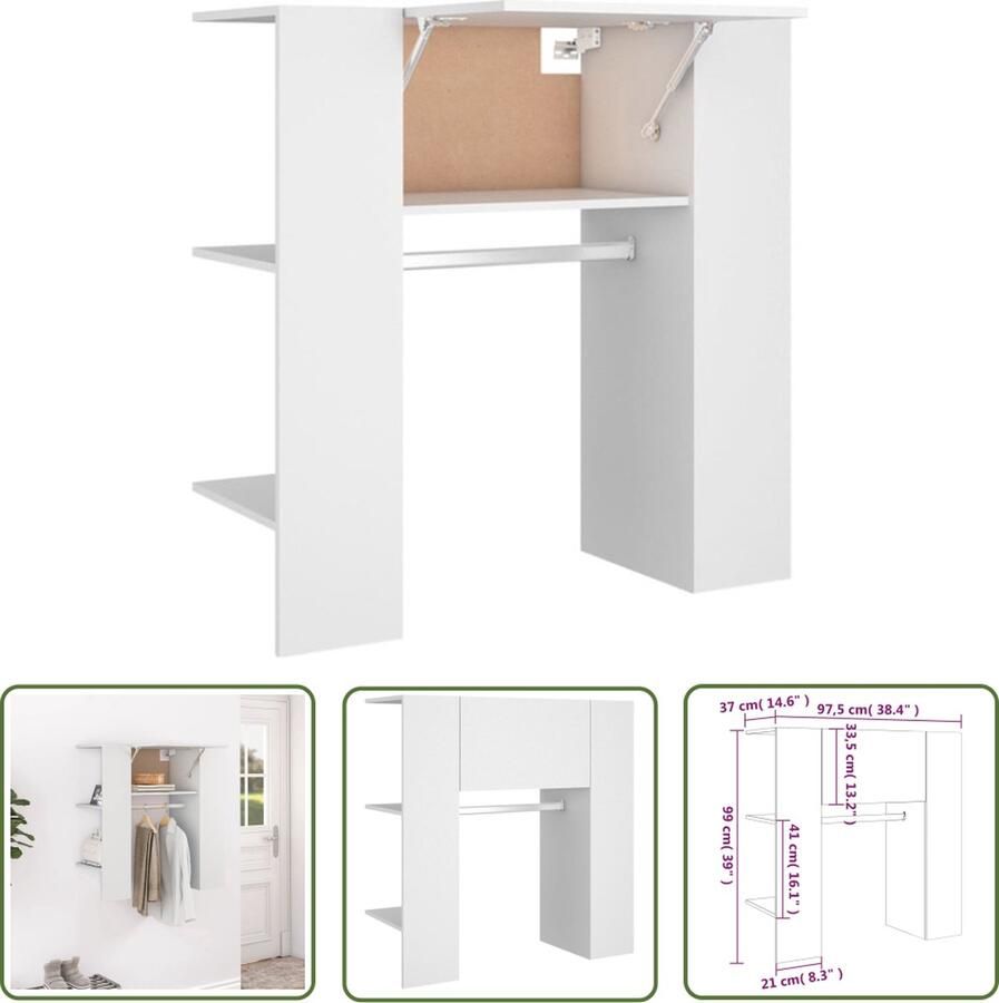 The Living Store Halmeubel 97 5x37x99 cm bewerkt hout wit Gangkast Kast Bergruimte Houten Kast Witte Kast - Foto 2