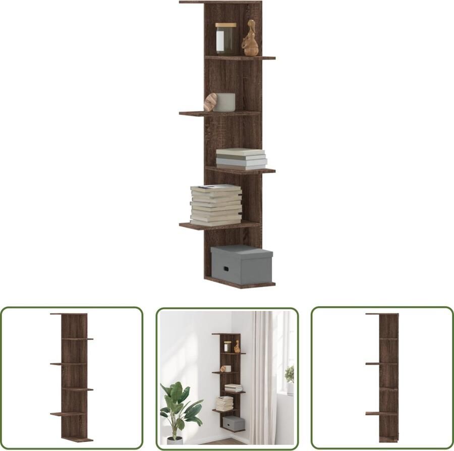 The Living Store Hoekwandschap 36 5x36 5x140 cm bewerkt hout bruin eikenkleurig Hoekwand Wandplank Houten Kast Bergruimte Opbergoplossing