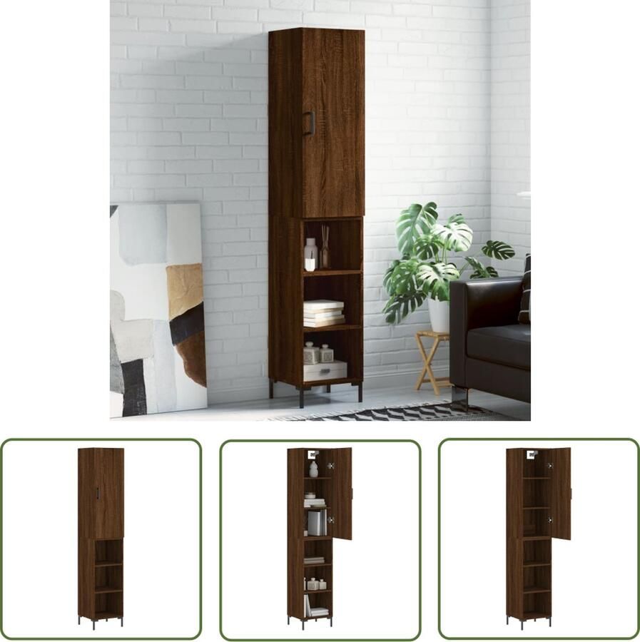 The Living Store Hoge kast 34 5x34x180 cm bewerkt hout bruin eikenkleur Hoge Kast Dressoir Opzetkast Houten Kast Bruine Eiken Kleur