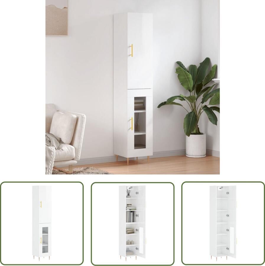 The Living Store Hoge kast 34 5x34x180 cm bewerkt hout hoogglans wit Hoge Kast Witte Kast Houten Kast Opslagoplossing Woonkamermeubel - Foto 12