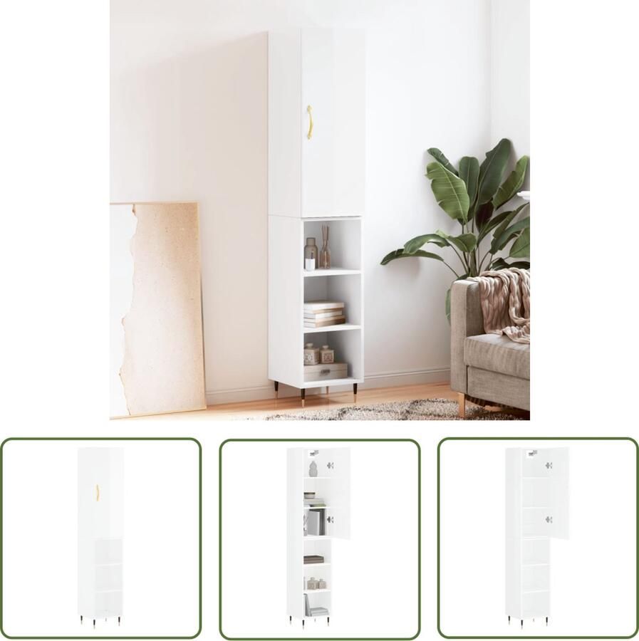 The Living Store Hoge kast 34 5x34x180 cm bewerkt hout hoogglans wit Hoge Kast Dressoir Buffetkast Houten Kast Witte Kast - Foto 4