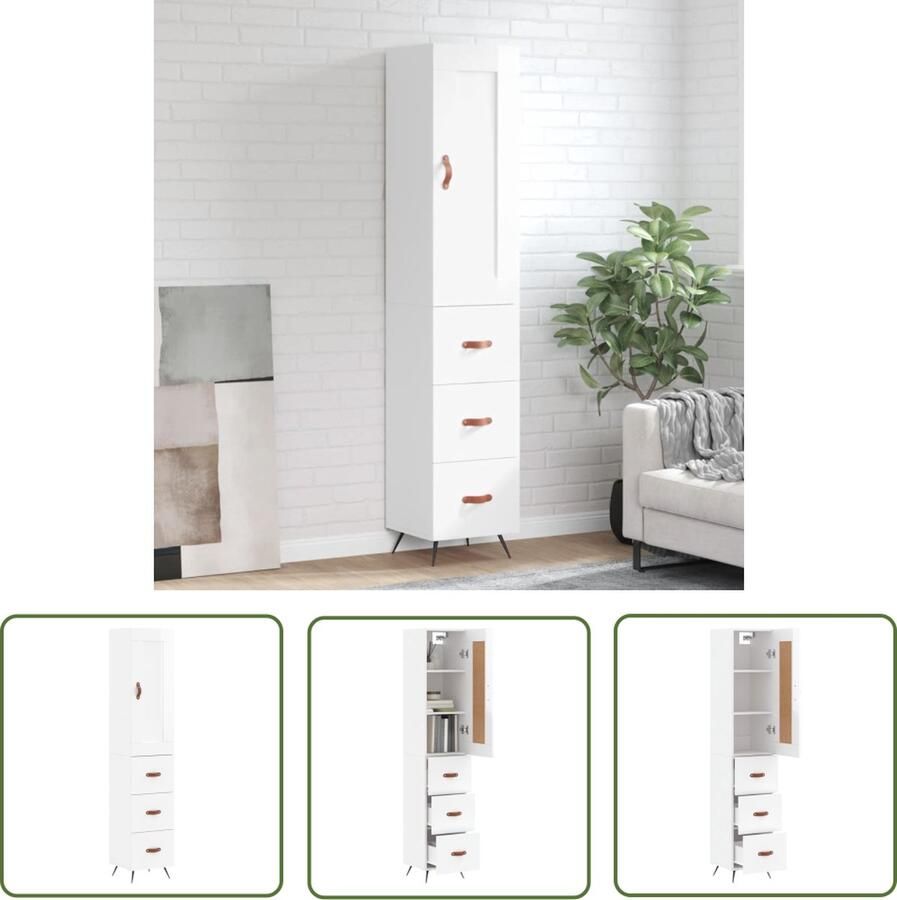 The Living Store Hoge kast 34 5x34x180 cm bewerkt hout hoogglans wit Hoge Kast Opslagruimte Keukenopslag Houten Kast - Foto 3