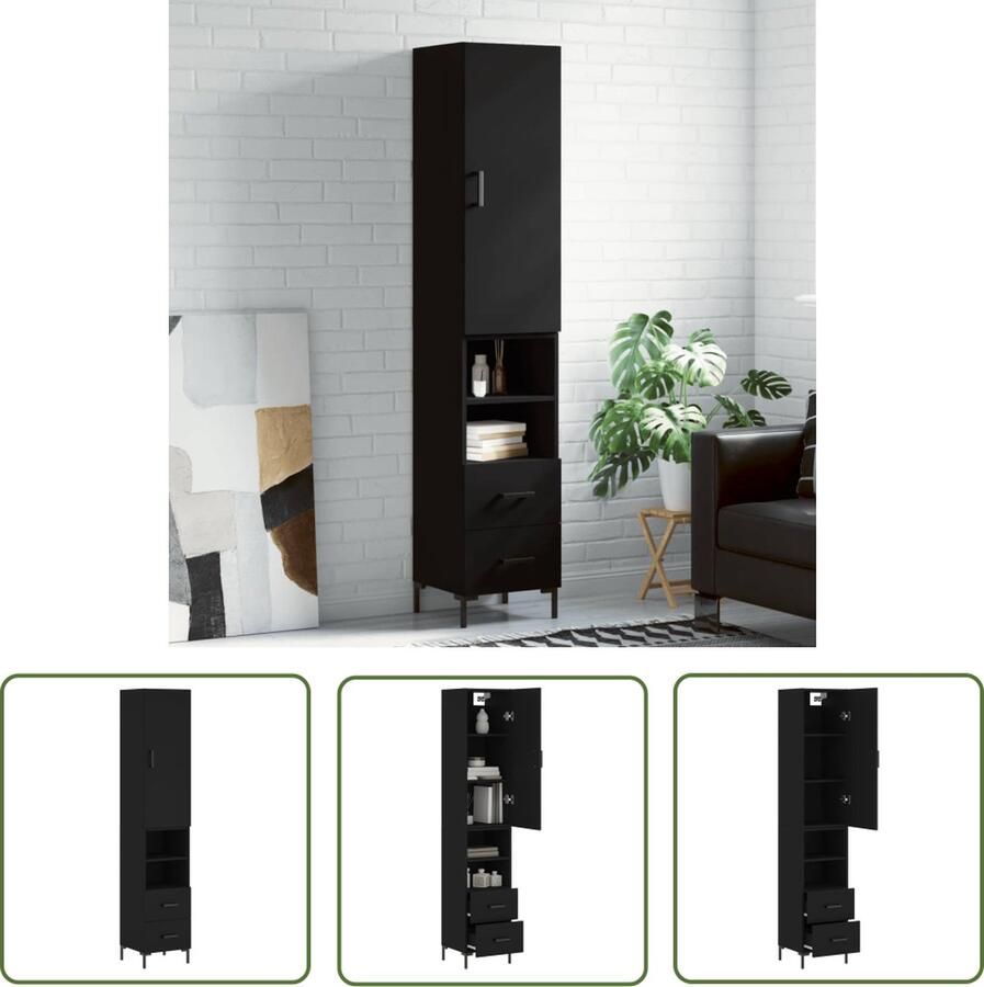 The Living Store Hoge kast zwart 34.5 x 34 x 180 cm Duurzaam materiaal Voldoende opbergruimte Praktische deur IJzeren poten Montage vereist - Foto 3