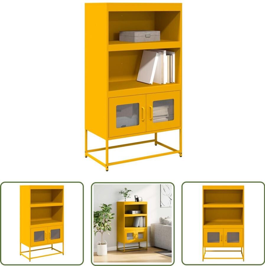 The Living Store Hoge kast 68x39x123 cm staal mosterdgeel Hoge Kast Opbergkast Keukenopstelling Metalen Kast Mustard Geel