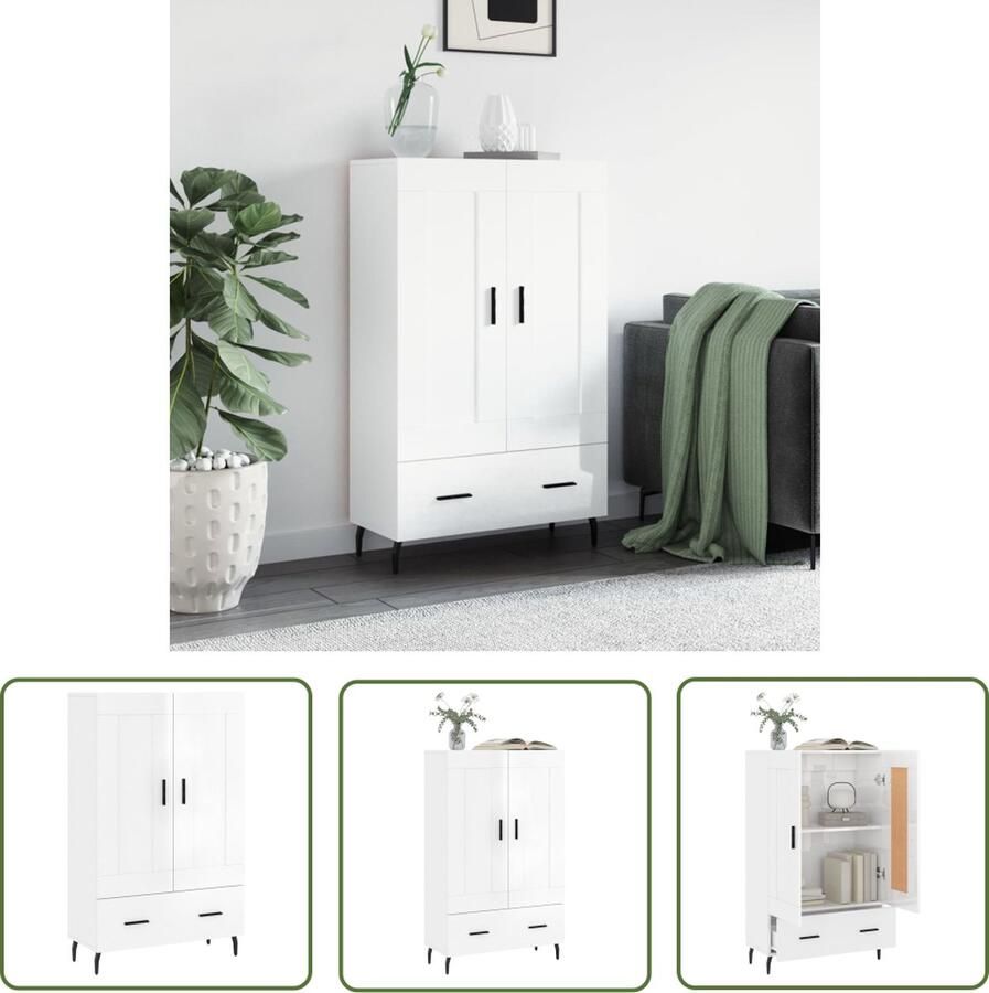 The Living Store Hoge kast 69 5x31x115 cm bewerkt hout hoogglans wit Hoge Kast Wit Houten Kast Opslagoplossing Woonaccessoires