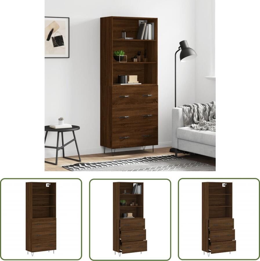 The Living Store Hoge kast 69 5x34x180 cm bewerkt hout bruin eikenkleur Hoge Kast Houten Kast Met Lades Bruine Eiken Kast Opslagoplossing