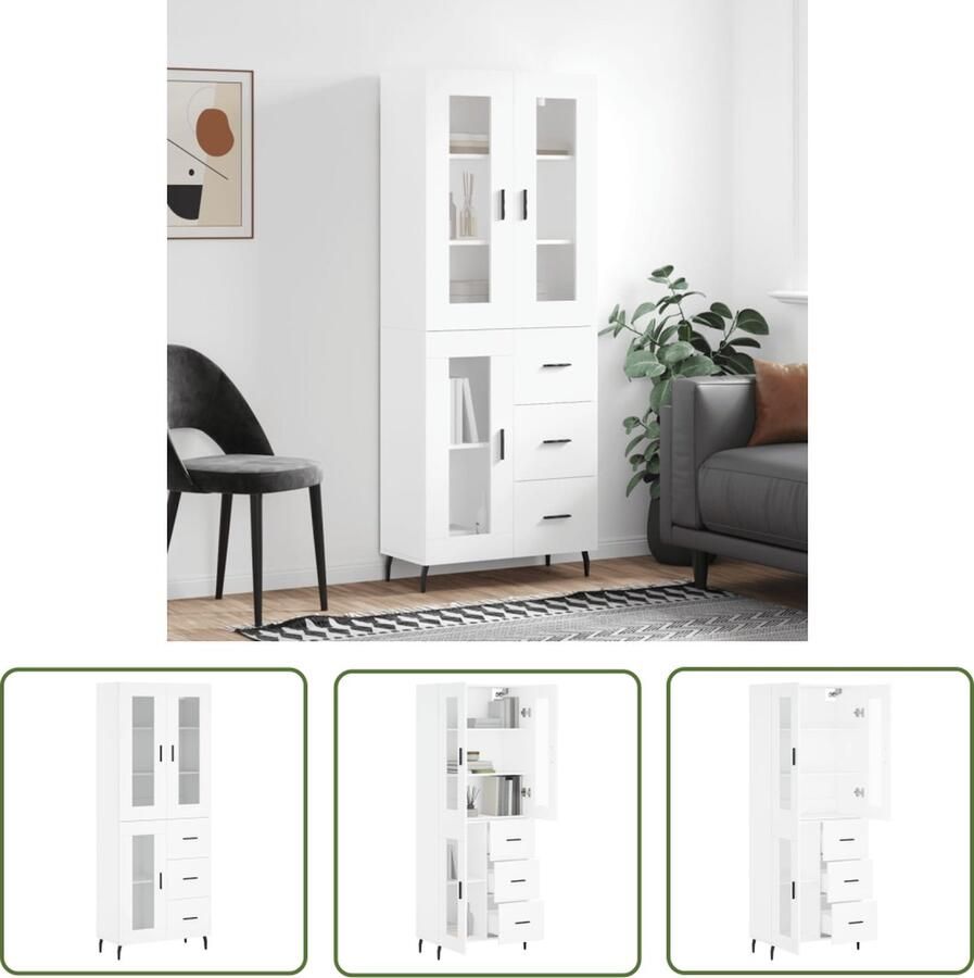 The Living Store Hoge kast 69 5x34x180 cm bewerkt hout wit Hoge Kast Witte Kast Houten Kast Opbergkast Woonkamermeubel