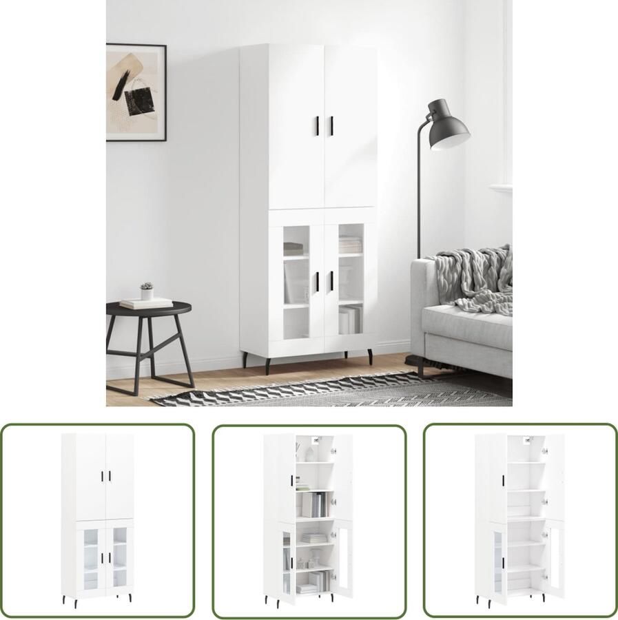The Living Store Hoge kast 69 5x34x180 cm bewerkt hout wit Hoge Kast Houten Kast Witte Kast Vitrinekast Opslagoplossing
