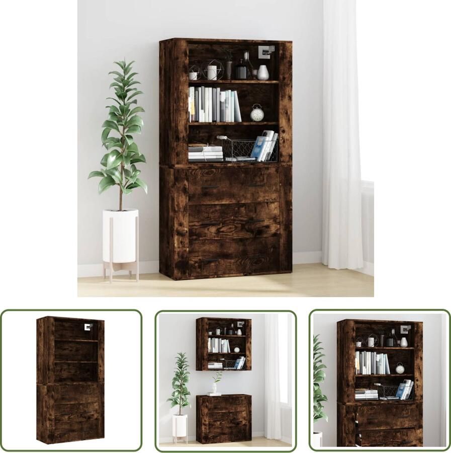 The Living Store Hoge kast bewerkt hout gerookt eikenkleurig Hoge Kast Buffetkast Houten Kast Roestvrijstalen Kast Vintage Kast - Foto 2