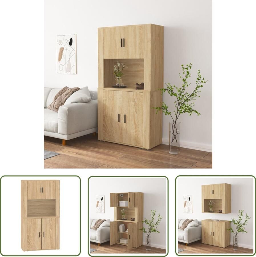The Living Store Hoge kast bewerkt hout sonoma eikenkleurig Hoge Kast Buffetkast Sonoma Eiken Houten Kast Wandmontage