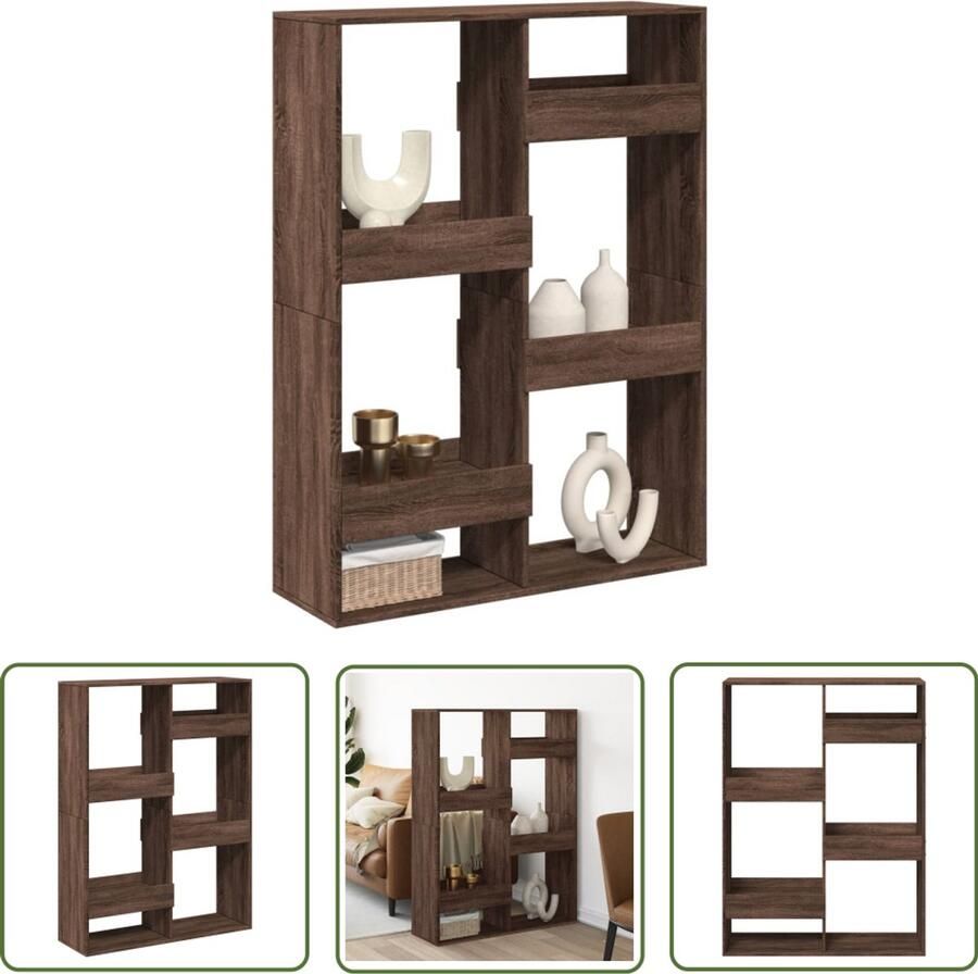 The Living Store Kamerscherm 100x33x135 cm bewerkt hout bruin eikenkleurig Kamerscherm Kast Boekenplank Wanddecoratie Opbergruimte