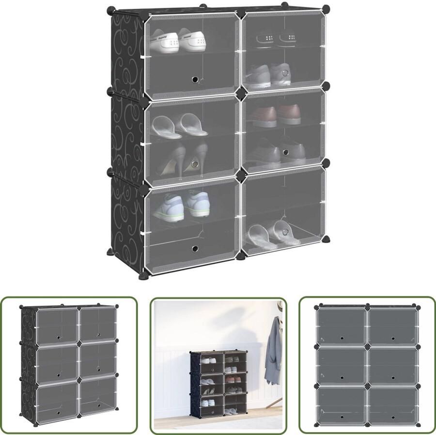 VidaXL Opbergmeubel met 6 vakken en deuren polypropeen zwart Opbergmeubel Kast Opslagruimte Organisator Polypropyleen