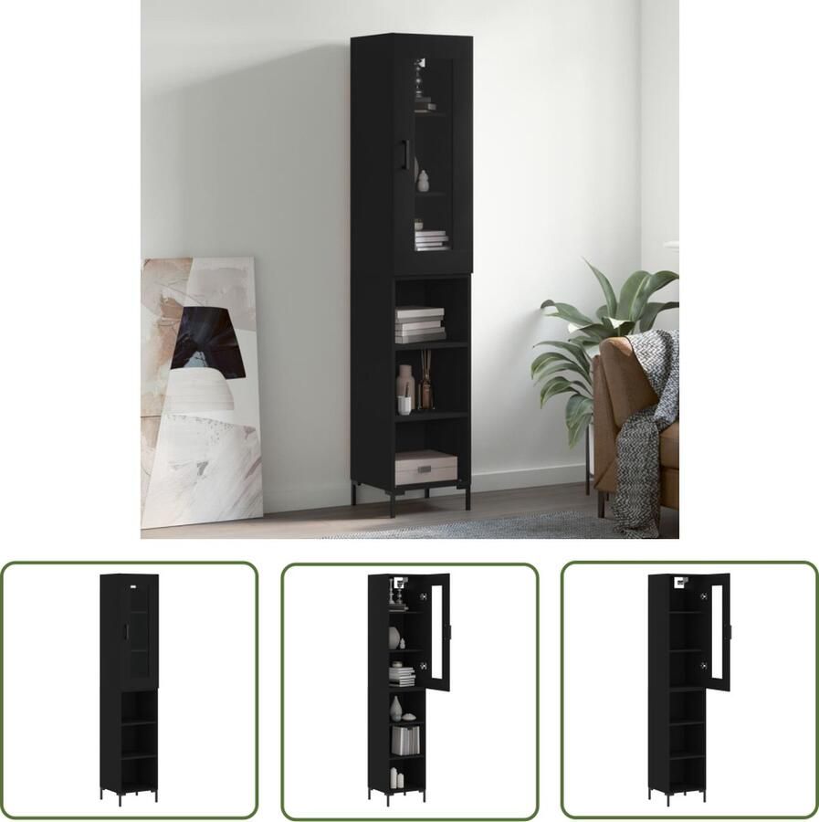 The Living Store Hoge kast 34 5x34x180 cm bewerkt hout zwart Hoge Kast Boekenkast Opbergkast Houten Kast Zwarte Kast