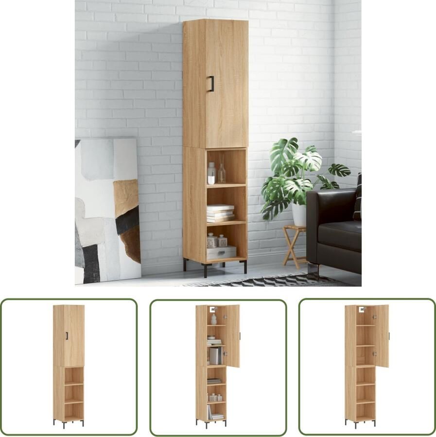 The Living Store Hoge kast 34 5x34x180 cm bewerkt hout sonoma eikenkleurig Hoge Kast Opbergkast Kast Sonomane Eiken Houten Kast