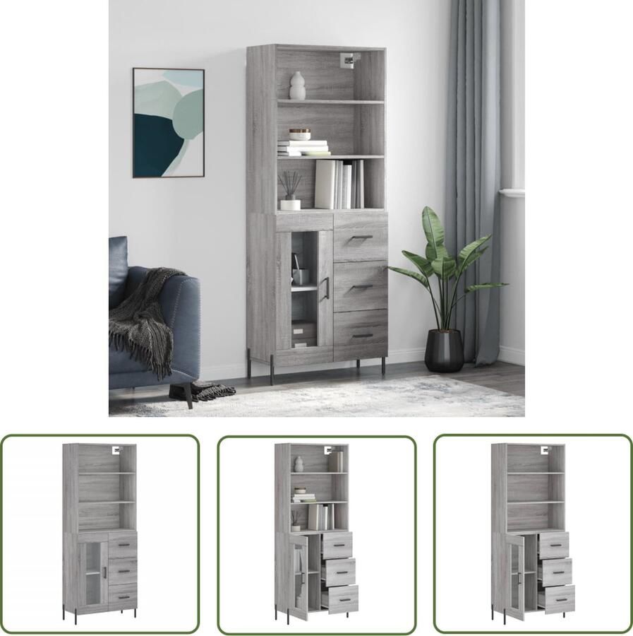 The Living Store Hoge kast 69 5x34x180 cm bewerkt hout grijs sonoma eikenkleurig Hoge Kast Dressoir Buffetkast Houten Kast Grijze Kast - Foto 3