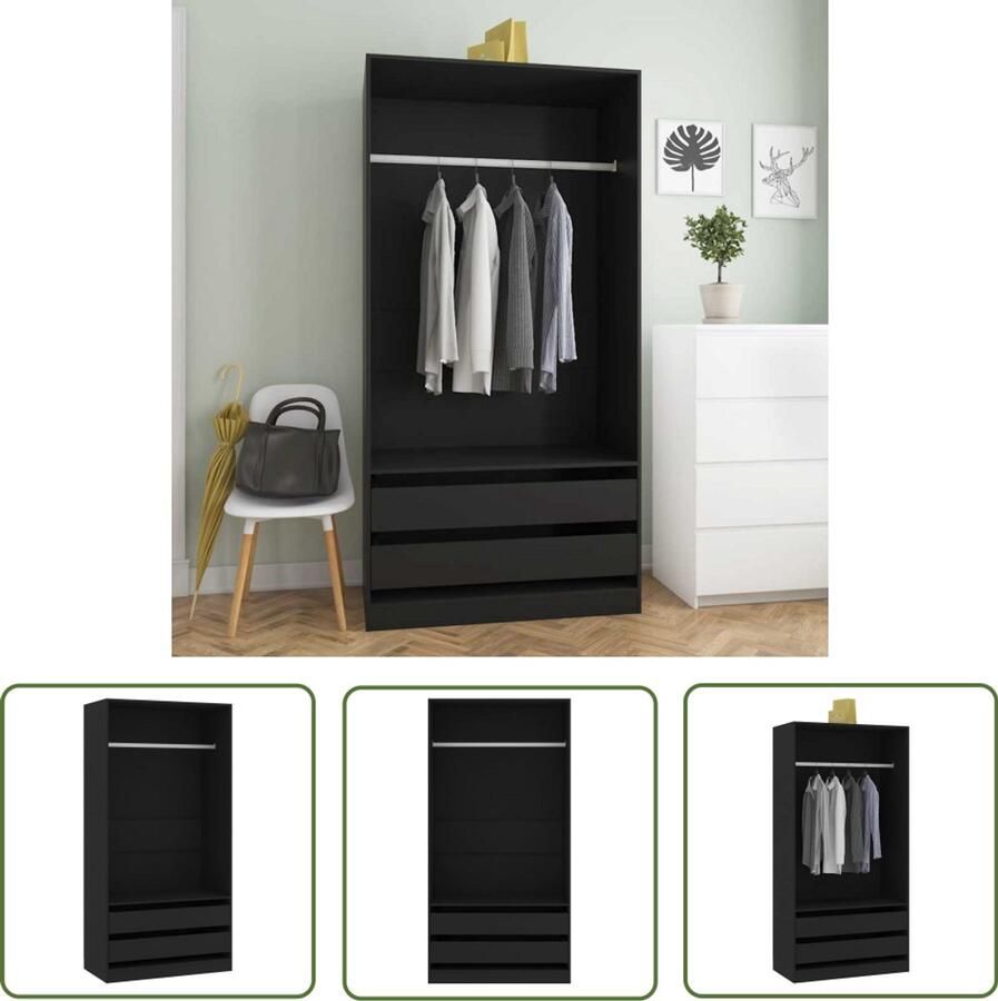 VidaXL Kledingkast 100x50x200 cm bewerkt hout zwart Kledingkast Kasten Opbergkast Houten Kast Zwarte Kast - Foto 2