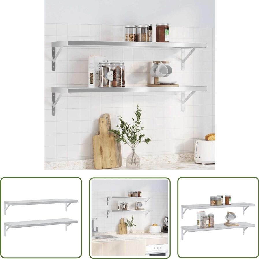 VidaXL Kasten Wandplanken Wandschappen 2 st 100x30 cm roestvrijstaal zilverkleurig Opslagoplossing Woonaccessoires Badkamermeubilair