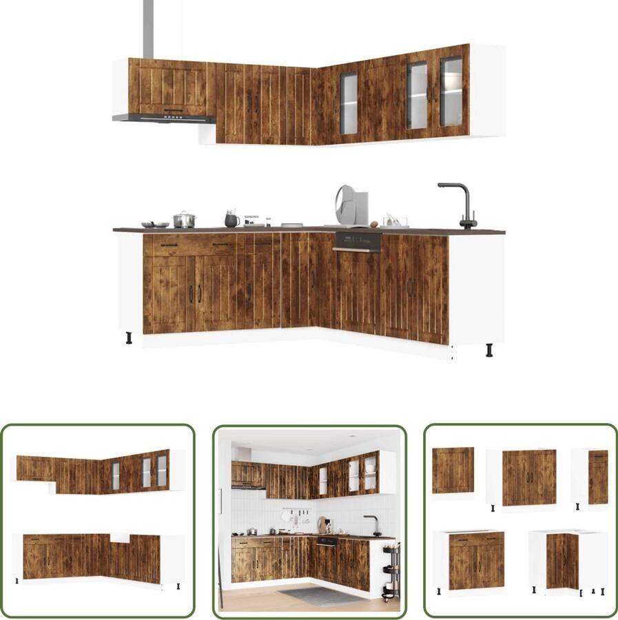 The Living Store 11-delige Keukenkastenset Lucca bewerkt hout gerookt eiken Keukenkasten Houten Keukenkasten Keukenmeubels Lucca Serie Gerookt Eiken