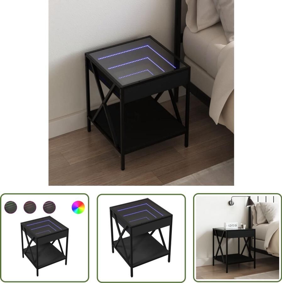 VidaXL Nachtkastje met Infinity LED 40x40x49 cm zwart Nachtaandrijf Kastje Led Lamp Slaapkamers Design