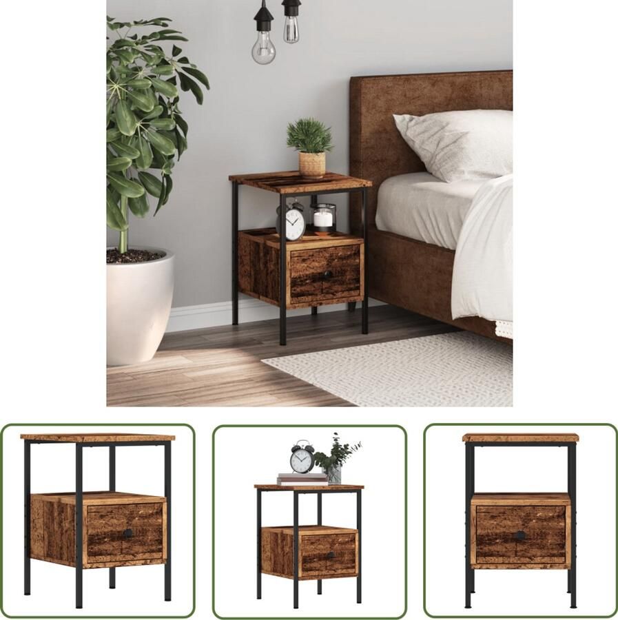 The Living Store Nachtkastje 34x36x50 cm bewerkt hout oud houtkleurig Nachtkastje Kastje Houten Kast Side Table Bedroom Furniture