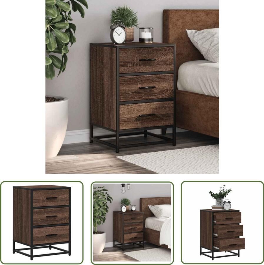 VidaXL Nachtkastje 40x34 5x60 cm bewerkt hout&metaal bruin eikenkleur Nachtkastje Kastje Slaapkamer Houten Kast Metalen Kast
