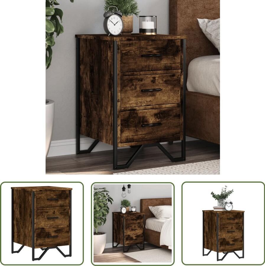 The Living Store Nachtkastje 40x41x60 cm bewerkt hout gerookt eikenkleurig Nachtkastje Kastje Kamerdecoratie Houten Meubel Vintage Style