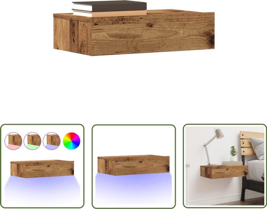 VidaXL Nachtkastje 60x35 cm spaanplaat oud hout Nachtkastje Kastje Slaapkamer Led Verlichting Rgb Verlichting