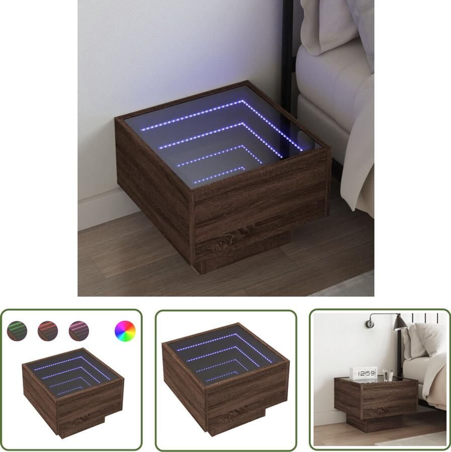 VidaXL Nachtkastje met Infinity LED 40x40x30 cm bruin eikenkleurig Nachtkastje Kastje Led Lamp Nachtlamp Bedroom Furniture