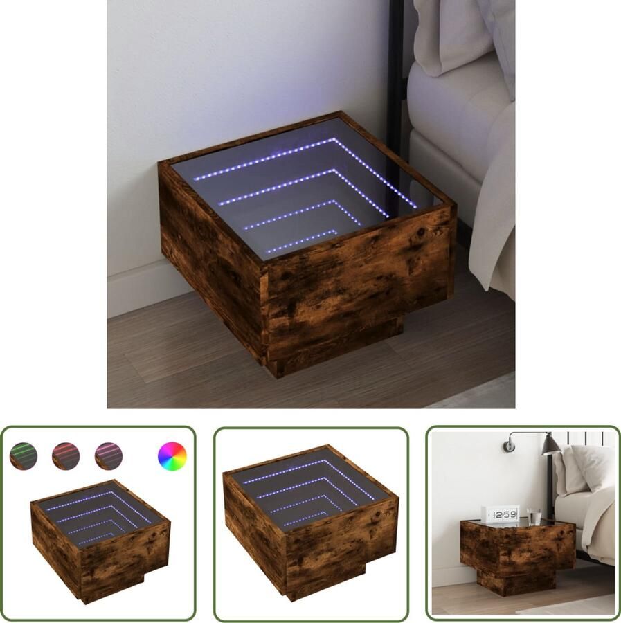 VidaXL Nachtkastje met Infinity LED 40x40x30 cm gerookt eikenkleurig Nachtkastje Kastje Led Lamp Nachtlamp Bedroom Furniture
