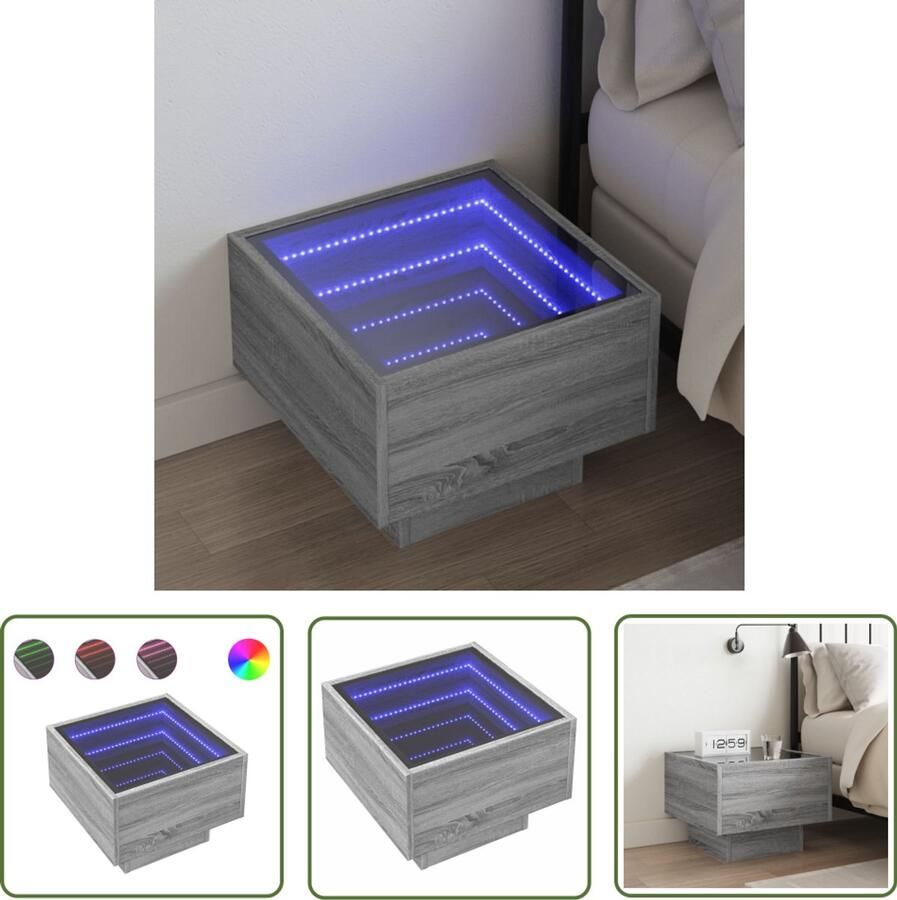 VidaXL Nachtkastje met Infinity LED 40x40x30 cm grijs sonoma eiken Nachtkastje Kastje Led Licht Nachtlamp Bedroom Furniture
