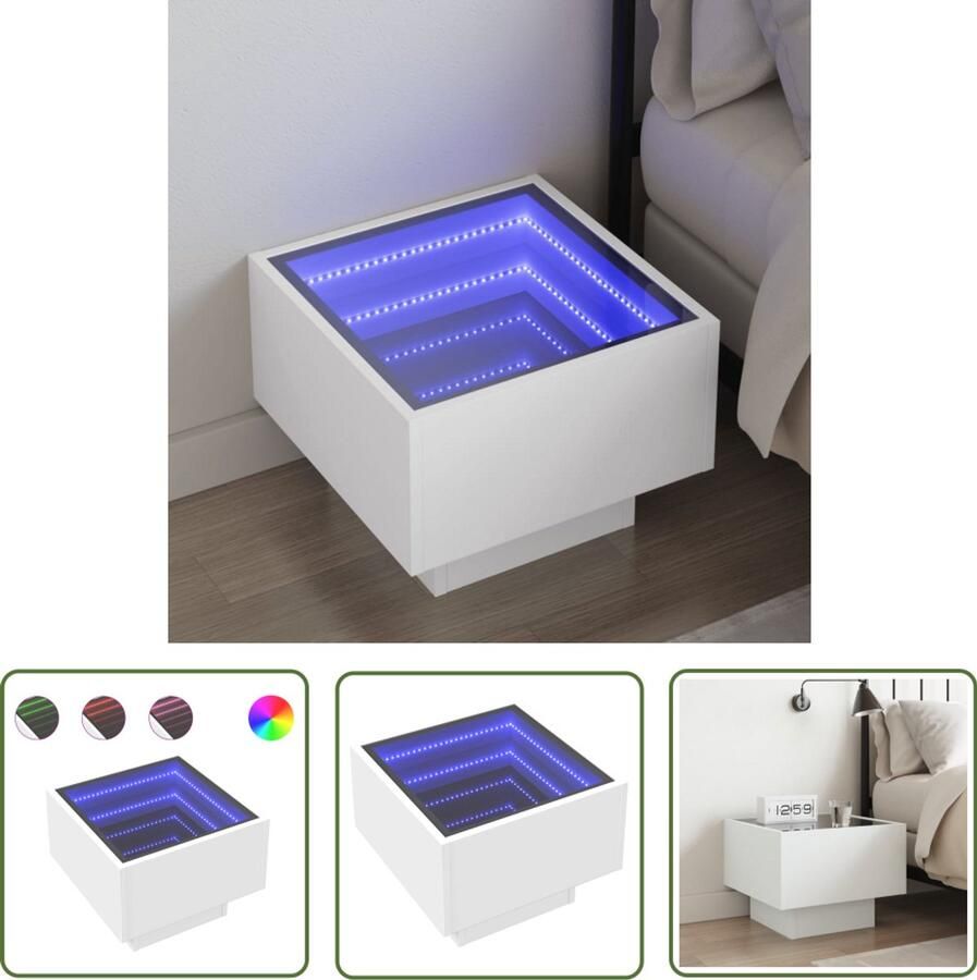 VidaXL Nachtkastje met Infinity LED 40x40x30 cm wit Nachtkastje Kastje Led Lamp Bedroom Furniture Side Table