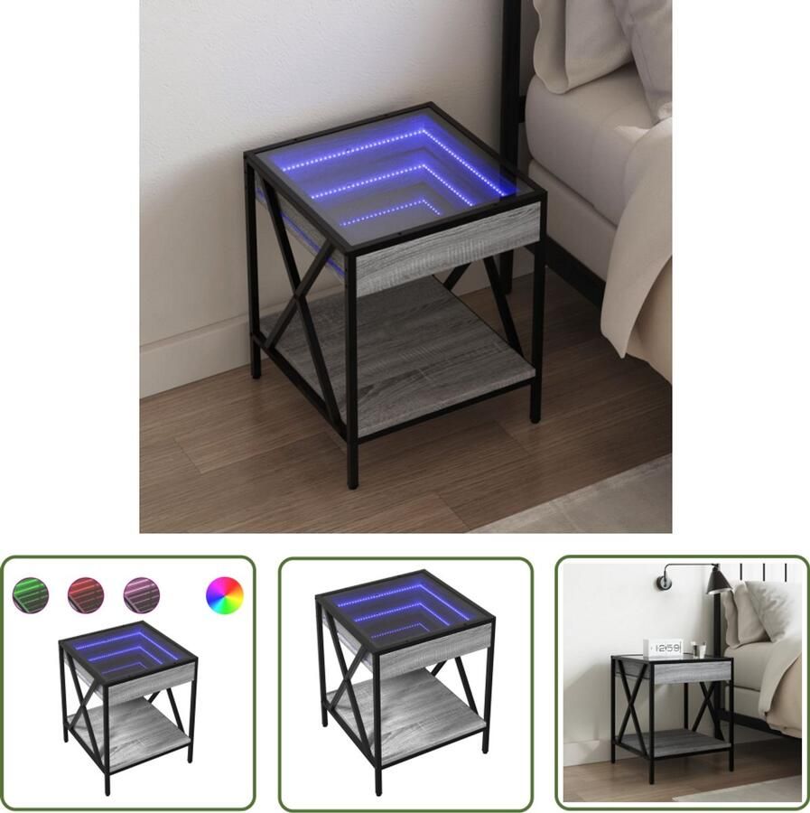 VidaXL Nachtkastje met Infinity LED 40x40x49 cm grijs sonoma eiken Nachtkastje Kastje Led Lamp Nachtlamp Bedroom Furniture