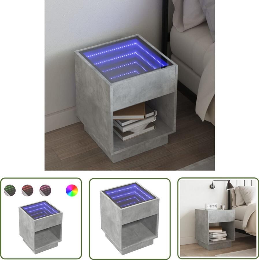 VidaXL Nachtkastje met Infinity LED 40x40x50 cm betongrijs Nachtkastje Kastje Led Lamp Betongrijs Modern